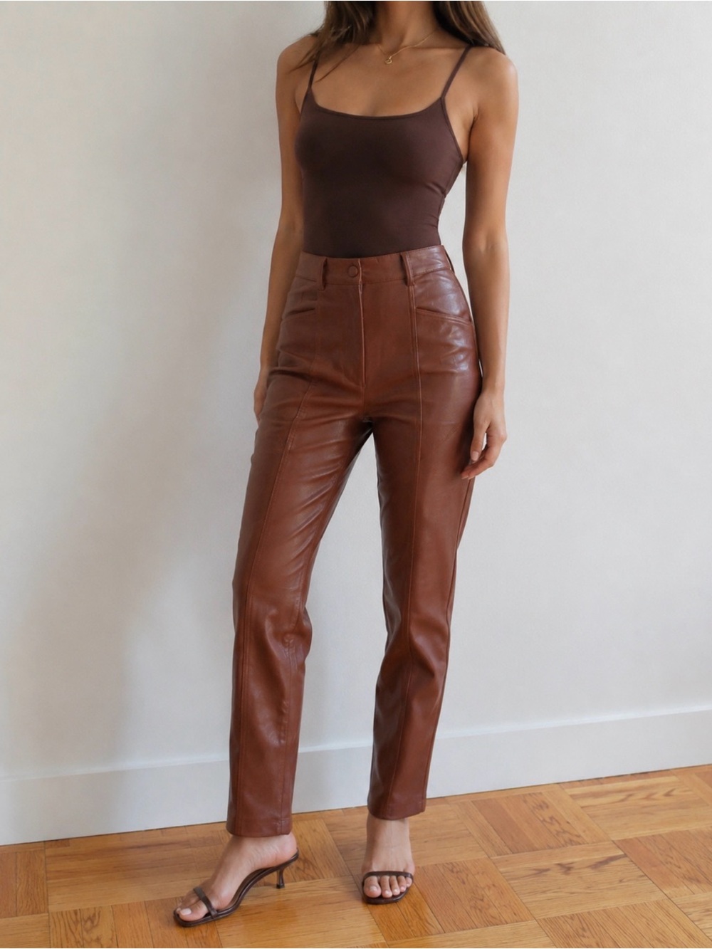 Aritzia Wilfred Rebel Vegan Leather High Rise Straight Leg Pants Cognac 2 NWT